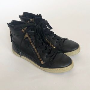 Black Leather Zip High Top Sneakers